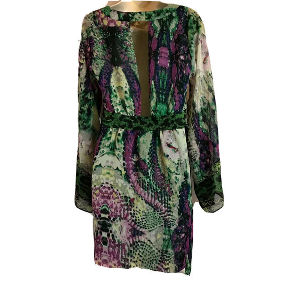 RAMPAGE Midi Dress Womens M Bold Sheer Mixed Animal Print Flair L/Sleeves Belted - Picture 6 of 11